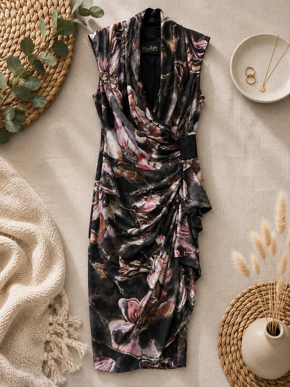 AllSaints Tropic Washed Silk Floral Wrap Midi Dress Black Pink Ethereal Size 8